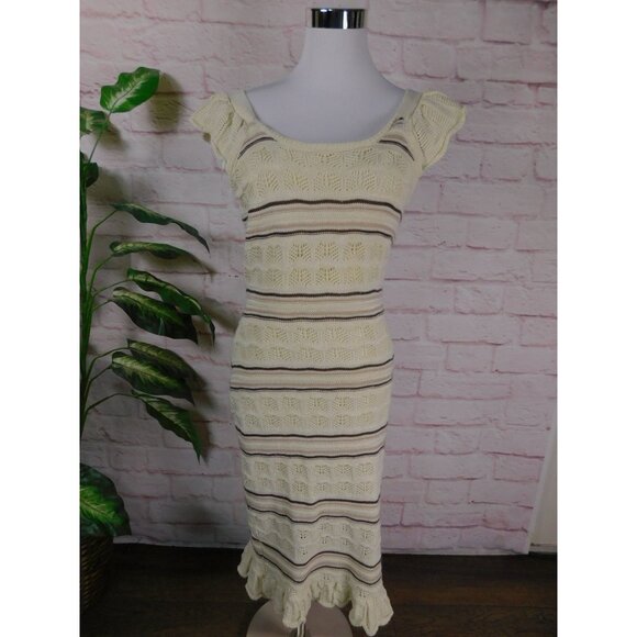 Freshman 1996 Small Cream Stripe Knit Midi Dress Boho - Picture 2 of 10